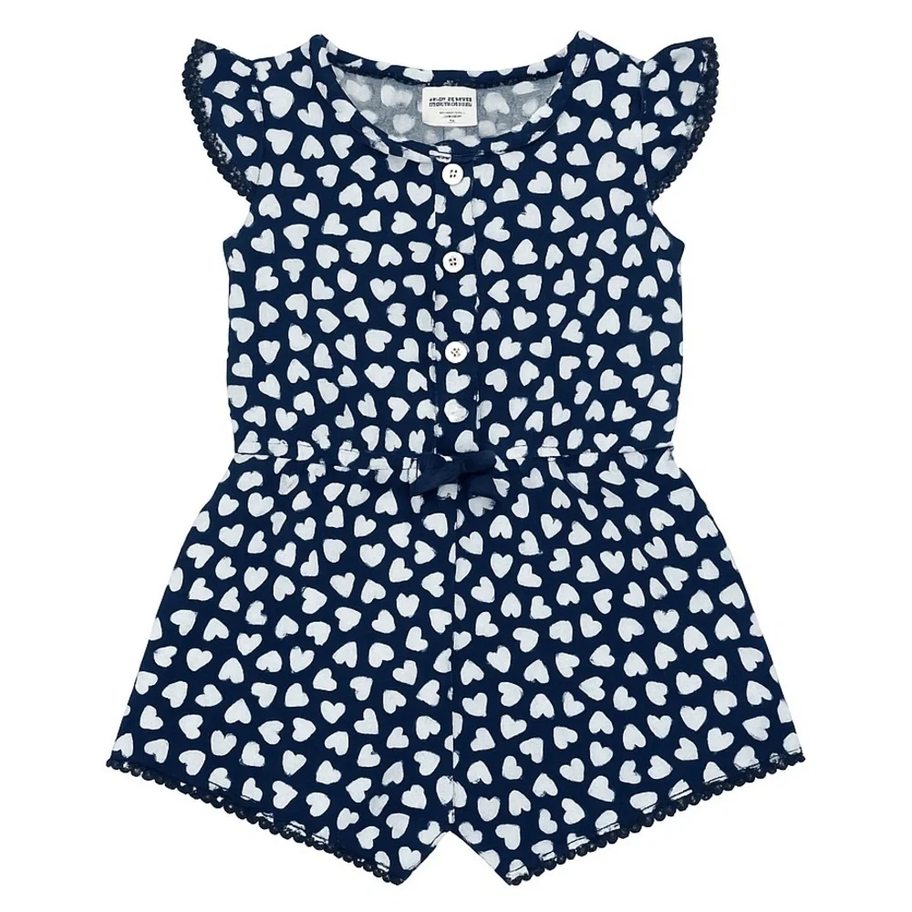 Blue and White Heart Romper with Ruffle Sleeves